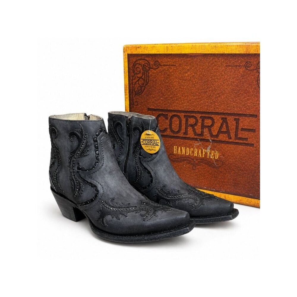 Corral G1381 LD $325 Grey Studded Overlay Ankle Boots Women 9.5 Snip Toe Western